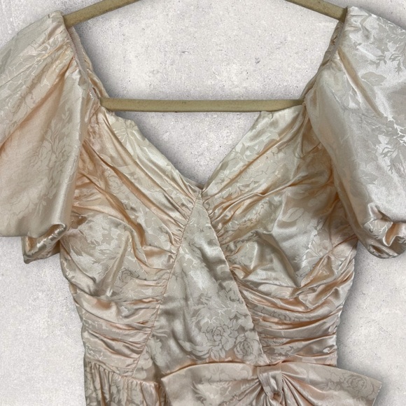 Vintage Algo-Ettes Made in Canada Puff Sleeve Pink Floral Satin Maxi Dress Small - Picture 7 of 11